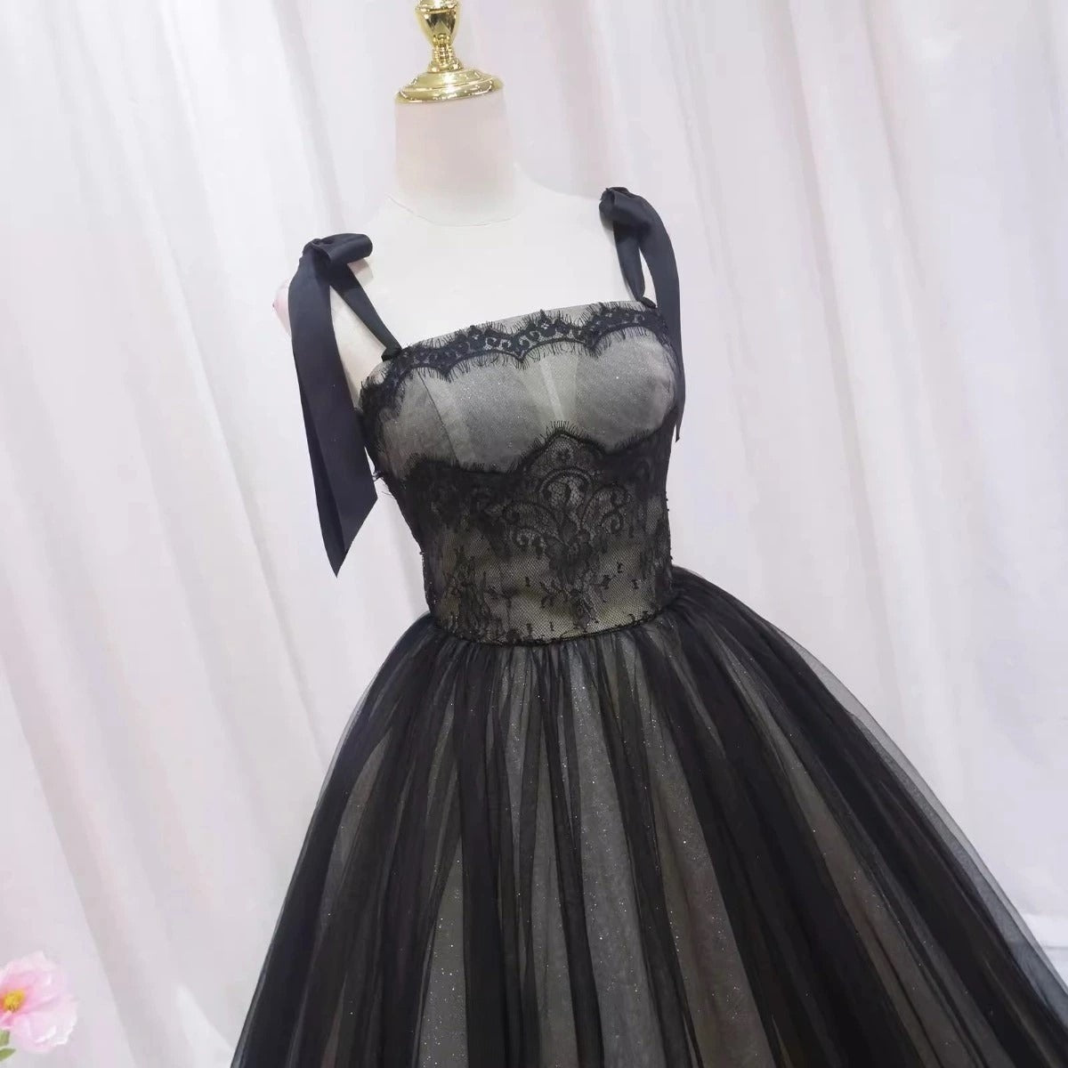 Robe de bal longue trapèze en tulle et dentelle noire, robe de soirée longue noire ED0722
