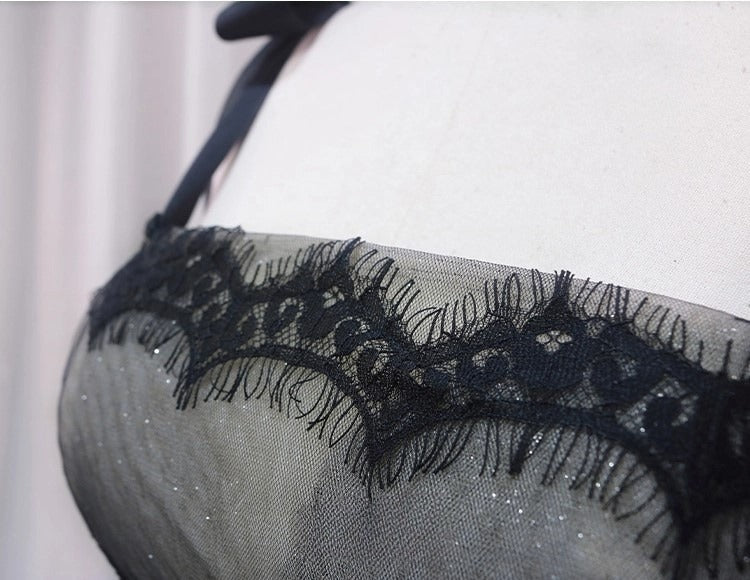 Robe de bal longue trapèze en tulle et dentelle noire, robe de soirée longue noire ED0722