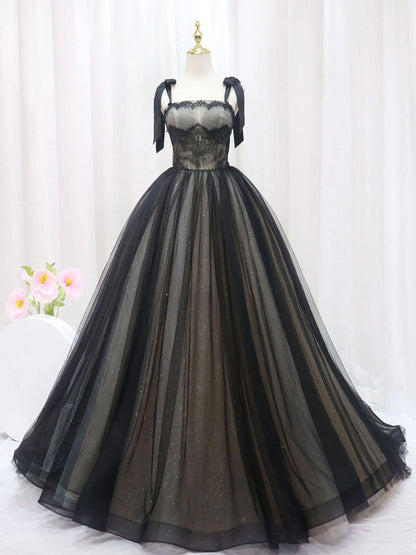 Robe de bal longue trapèze en tulle et dentelle noire, robe de soirée longue noire ED0722