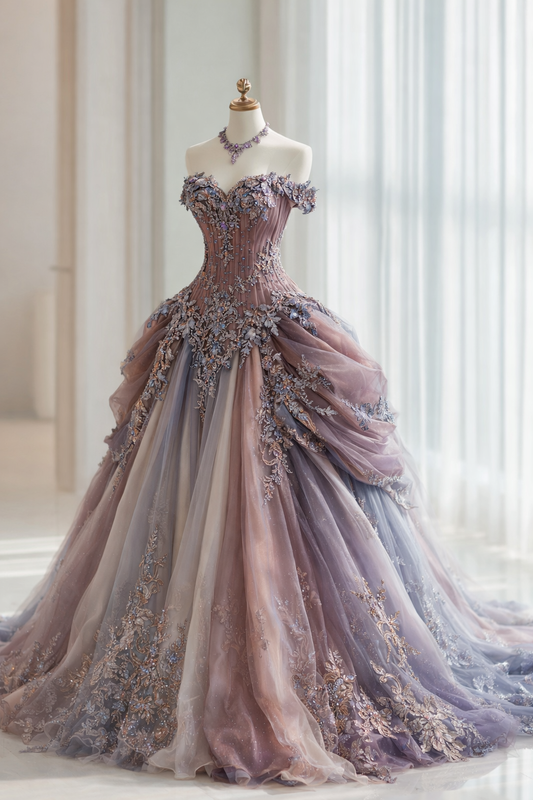 Gorgeous Pink Prom Dresses Tulle Applique A-Line Long Quinceanera Dress Off-shoulder Birthday Dress ED07222