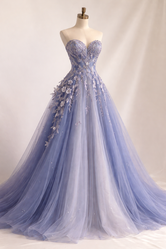 Gorgeous Blue Prom Dresses Appliques Tulle Sweetheart A-Line Evening Dress ED07225