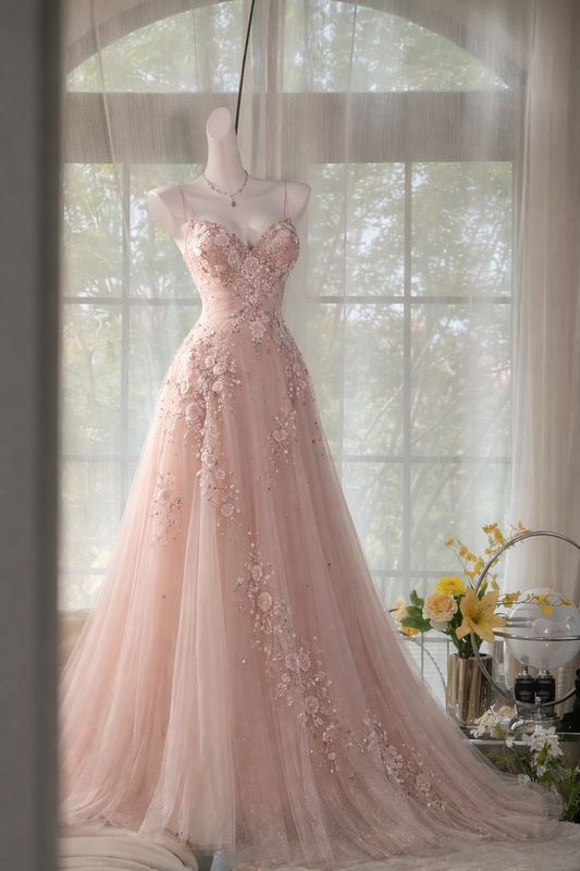 Chic Soft Pink Prom Dress Spaghetti Straps A-Line Birthday Dress Tulle Beaded Evening Dress ED07226