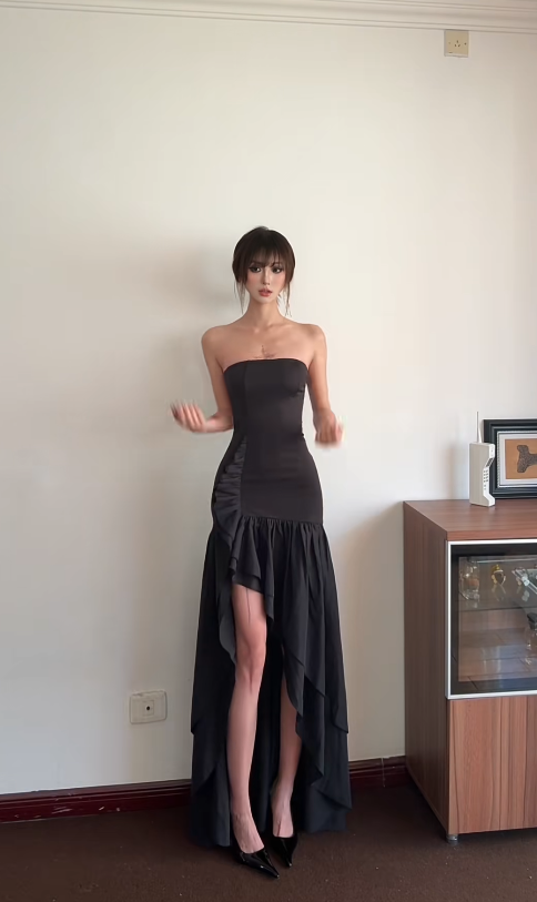 Elegant Black Prom Dress  Sheath Strapless Birthday Dress Slit Wedding Guest Dress ED07227