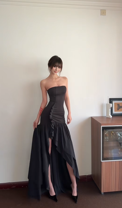 Elegant Black Prom Dress  Sheath Strapless Birthday Dress Slit Wedding Guest Dress ED07227