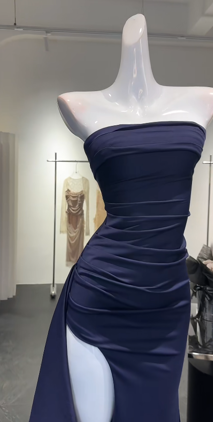 Elegant Navy Blue Prom Dress Sheath Strapless Evening Dress Satin Slit Wedding Guest Dress ED07228