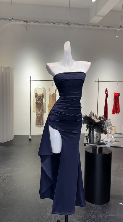 Elegant Navy Blue Prom Dress Sheath Strapless Evening Dress Satin Slit Wedding Guest Dress ED07228