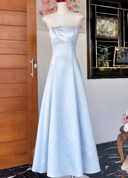 Elegant Pale Blue Prom Dress Sheath Strapless Evening Dress Satin Wedding Guest Dress ED07229