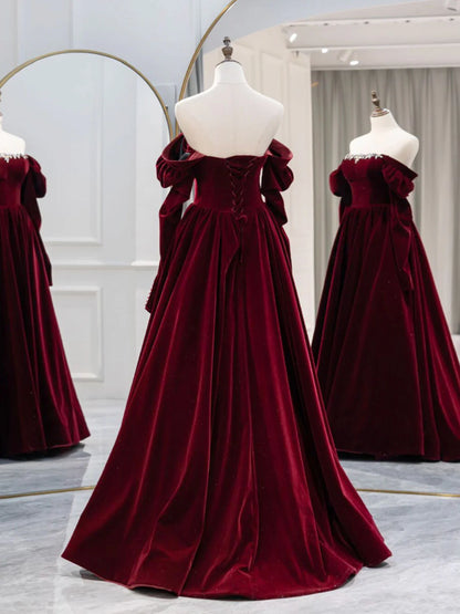 Robe de bal longue en velours bordeaux coupe trapèze, robe de soirée bordeaux ED0723