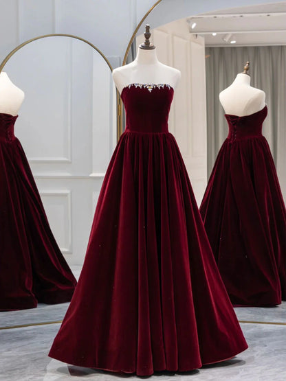 Robe de bal longue en velours bordeaux coupe trapèze, robe de soirée bordeaux ED0723