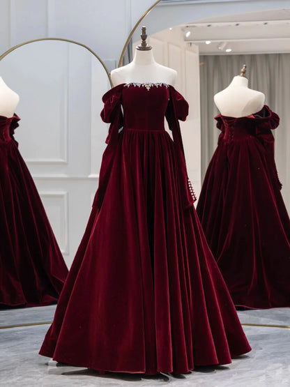 Robe de bal longue en velours bordeaux coupe trapèze, robe de soirée bordeaux ED0723