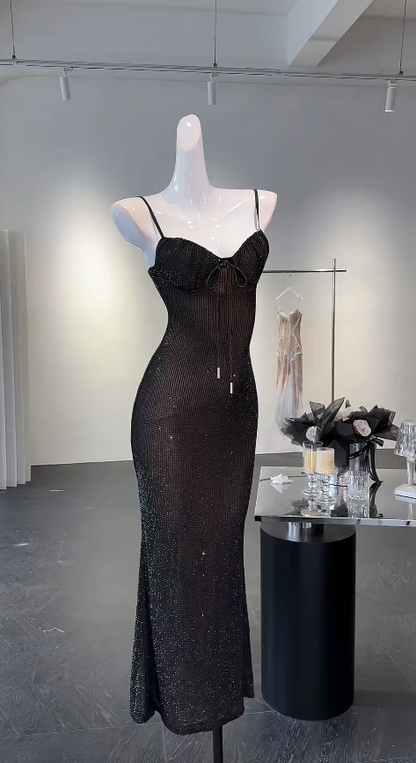 Robe de bal noire élégante, fourreau, bretelles spaghetti, robe de soirée en mousseline ornée de diamants, sans manches, robe d'anniversaire ED07231