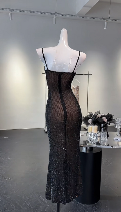 Robe de bal noire élégante, fourreau, bretelles spaghetti, robe de soirée en mousseline ornée de diamants, sans manches, robe d'anniversaire ED07231