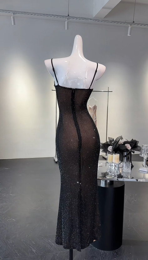 Classy Black Prom Dress Sheath Spaghetti Straps Evening Dress Chiffon Diamonds Sleeveless Birthday Dress ED07231