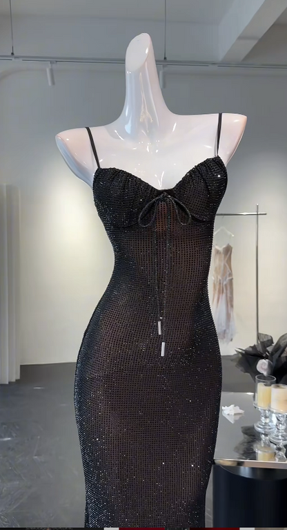 Robe de bal noire élégante, fourreau, bretelles spaghetti, robe de soirée en mousseline ornée de diamants, sans manches, robe d'anniversaire ED07231
