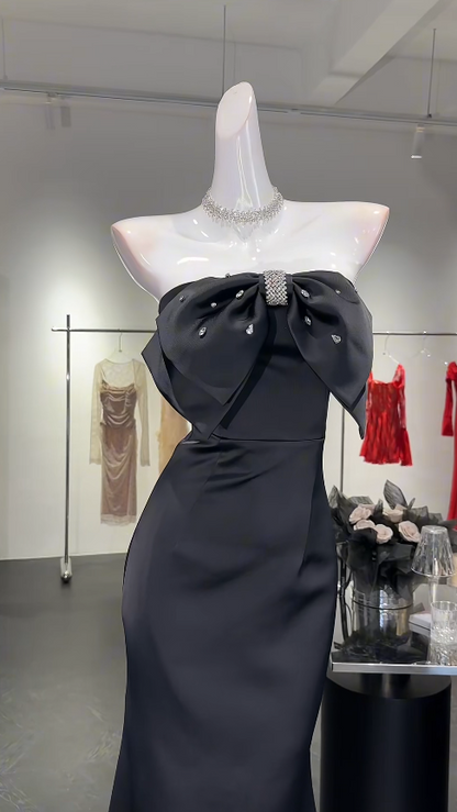Robe de bal noire élégante, fourreau, sans bretelles, robe de soirée en satin sans manches, robe d'anniversaire ED07232