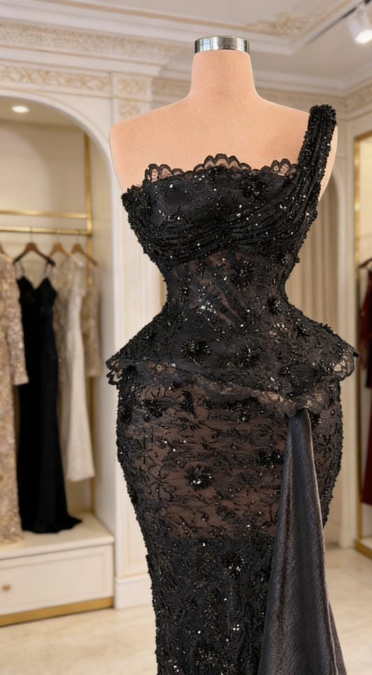 Elegant Black Prom Dress Lace Beaded One-shoulder Sheath Evening Dress ED07234