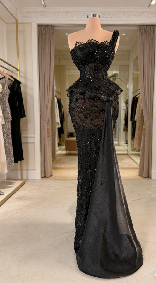 Elegant Black Prom Dress Lace Beaded One-shoulder Sheath Evening Dress ED07234