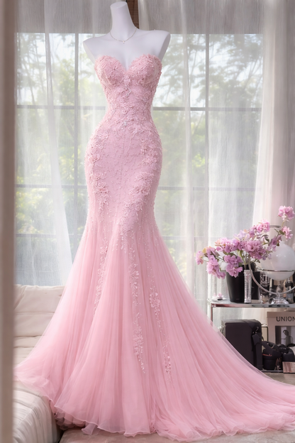 Classy Long Pink Prom Dress Appliques Chiffon Sweetheart Mermaid Evening Dress ED07238