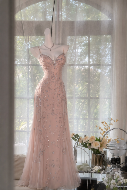Chic Long Pink Prom Dress Beaded Chiffon Spaghetti Straps A-Line Evening Dress ED07243