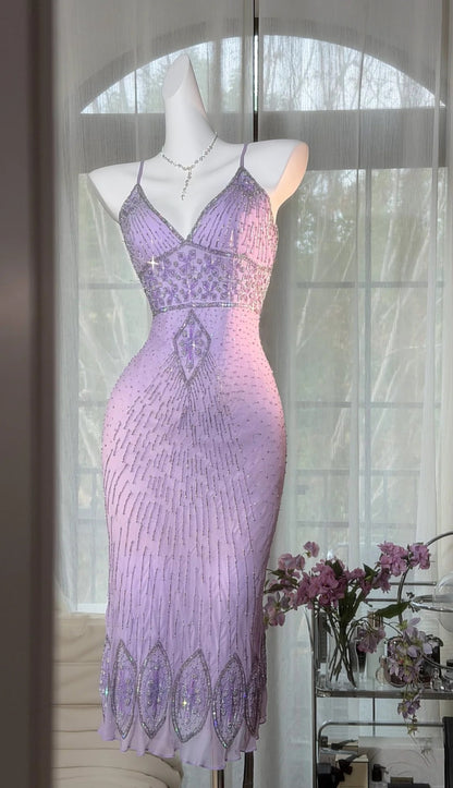 Chic Short  Purple Prom Dress Beaded Chiffon Spaghetti Straps Sheath Evening Dress ED07244