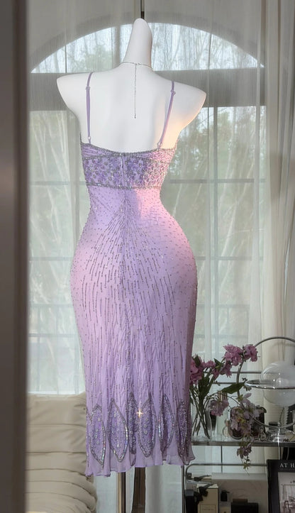 Chic Short  Purple Prom Dress Beaded Chiffon Spaghetti Straps Sheath Evening Dress ED07244