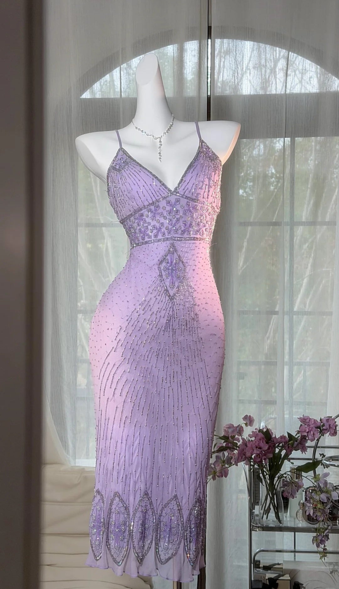 Chic Short  Purple Prom Dress Beaded Chiffon Spaghetti Straps Sheath Evening Dress ED07244