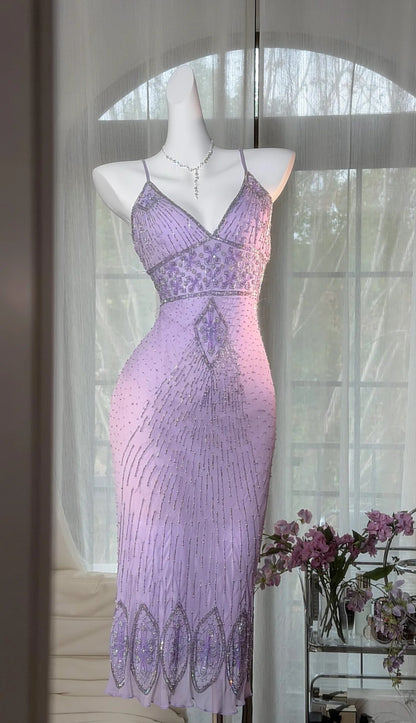 Chic Short  Purple Prom Dress Beaded Chiffon Spaghetti Straps Sheath Evening Dress ED07244