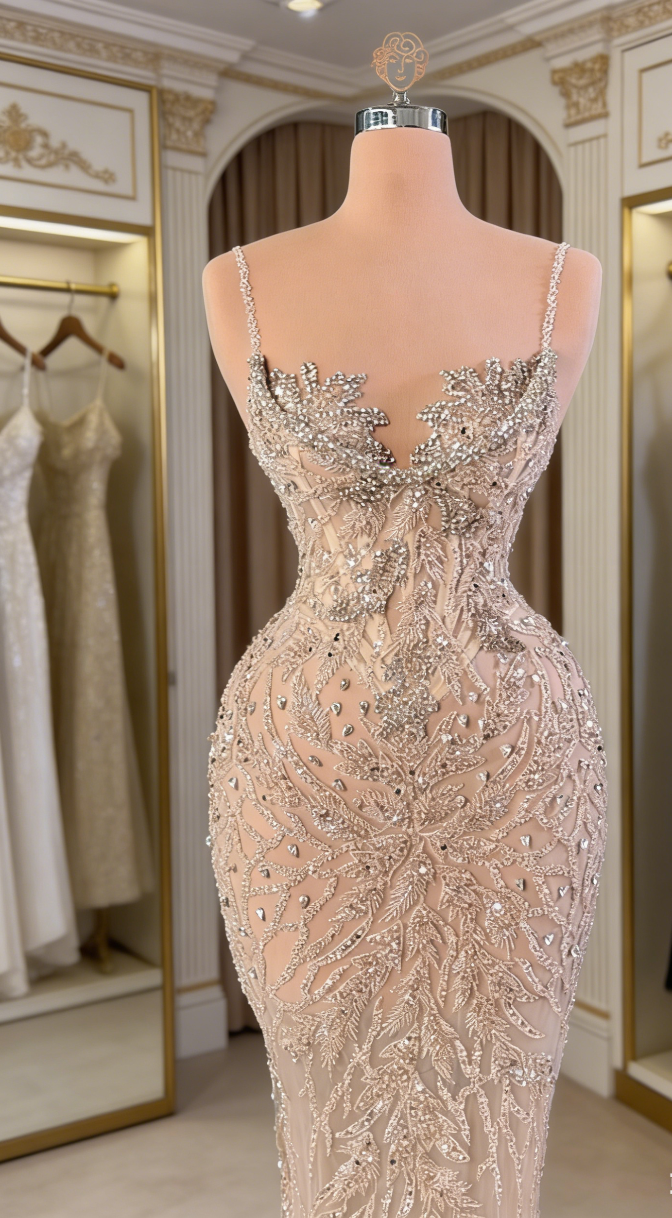 Robe de bal longue élégante couleur champagne, en tulle, bretelles spaghetti perlées, coupe fourreau, référence ED07248