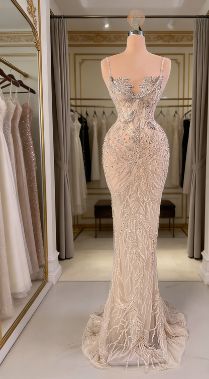 Robe de bal longue élégante couleur champagne, en tulle, bretelles spaghetti perlées, coupe fourreau, référence ED07248