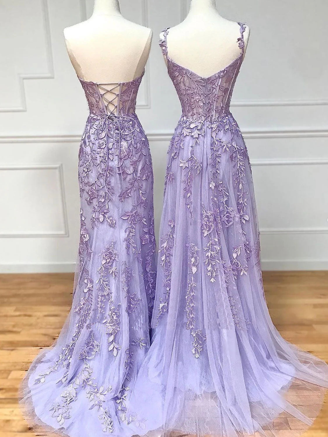Robe de bal longue en dentelle violette, robe de soirée en dentelle violette ED0725