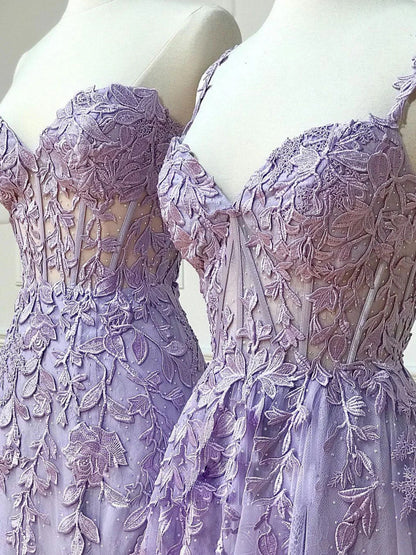 Robe de bal longue en dentelle violette, robe de soirée en dentelle violette ED0725
