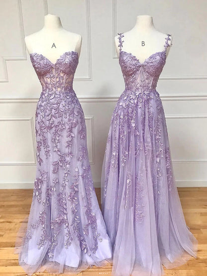 Robe de bal longue en dentelle violette, robe de soirée en dentelle violette ED0725