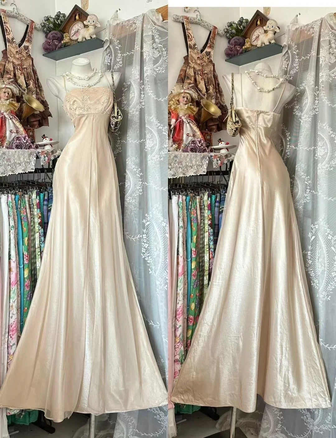 Robe de bal élégante couleur champagne, en satin, bretelles spaghetti, coupe fourreau, longue, ED07252