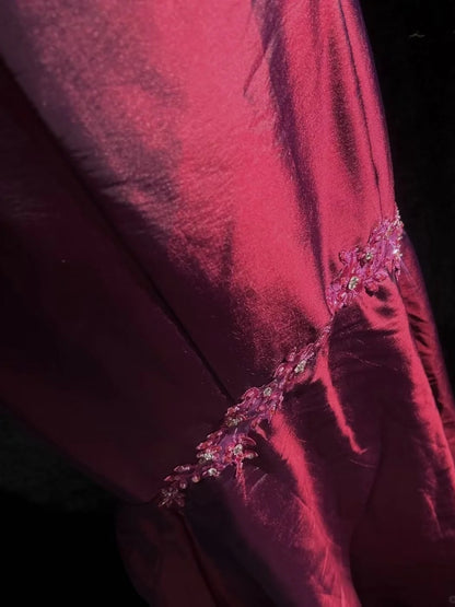 Elegant Burgundy Prom Dress Satin V-neck Sheath Long Evening Dress ED07256