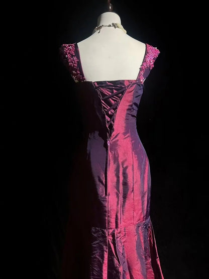 Elegant Burgundy Prom Dress Satin V-neck Sheath Long Evening Dress ED07256