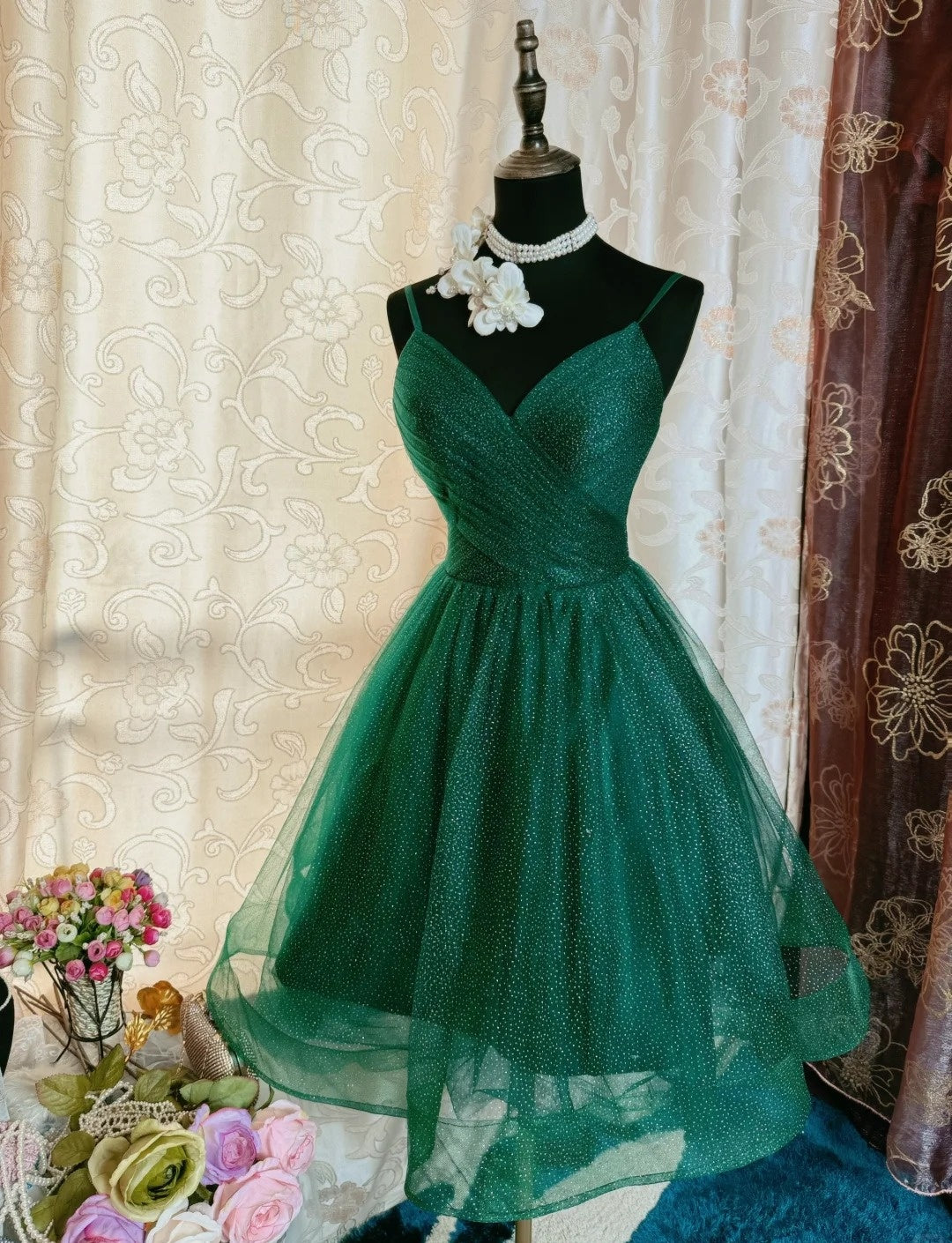 Robe de bal verte mignonne en tulle à fines bretelles, coupe trapèze, robe d'anniversaire courte sans manches, robe de soirée ED07258