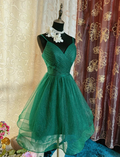 Robe de bal verte mignonne en tulle à fines bretelles, coupe trapèze, robe d'anniversaire courte sans manches, robe de soirée ED07258