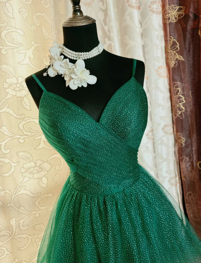 Robe de bal verte mignonne en tulle à fines bretelles, coupe trapèze, robe d'anniversaire courte sans manches, robe de soirée ED07258