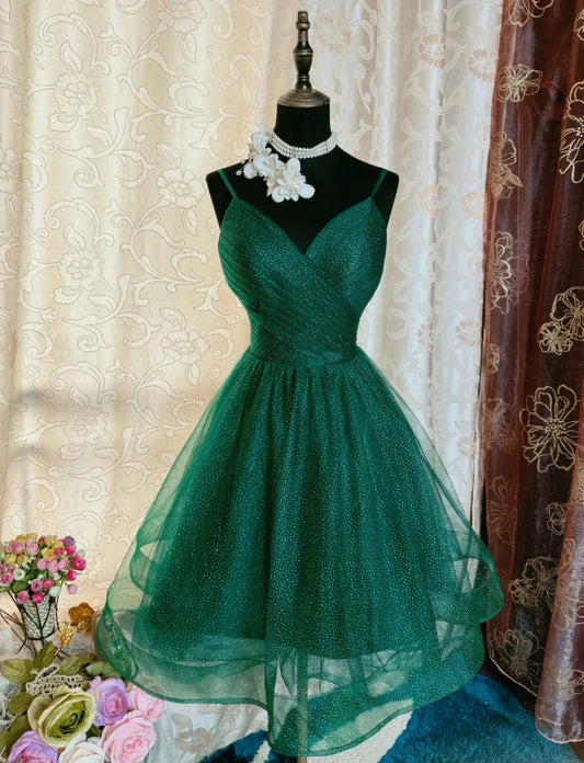 Niedliches grünes Tüll-Abendkleid mit Spaghettiträgern, A-Linie, kurz, ärmellos, ED07258