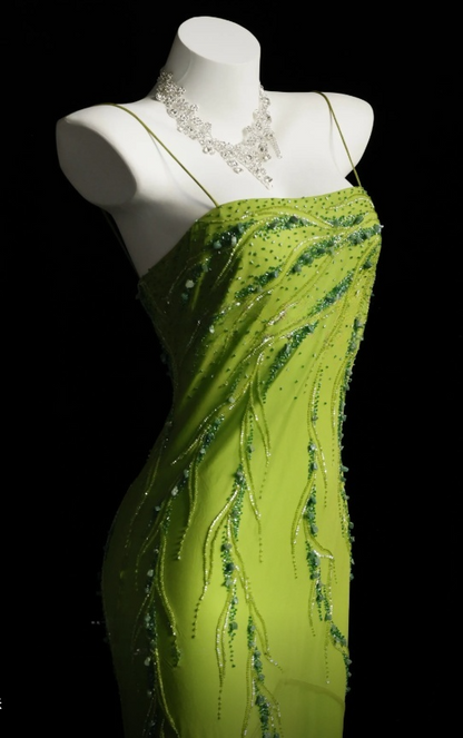 Chic Lemon Green Prom Dress Chiffon Beaded Spaghetti Straps Sheath Long Evening Dresss ED07259