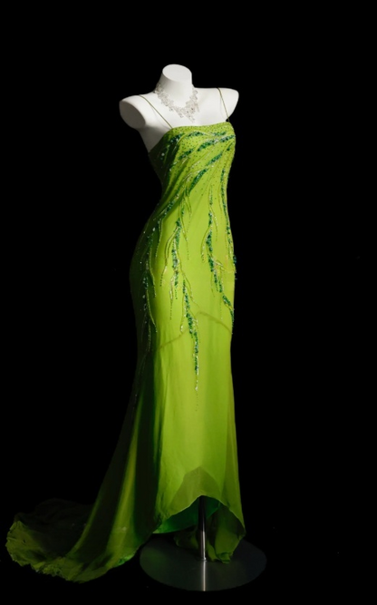 Chic Lemon Green Prom Dress Chiffon Beaded Spaghetti Straps Sheath Long Evening Dresss ED07259