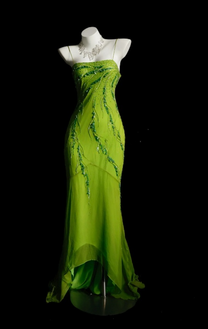 Chic Lemon Green Prom Dress Chiffon Beaded Spaghetti Straps Sheath Long Evening Dresss ED07259