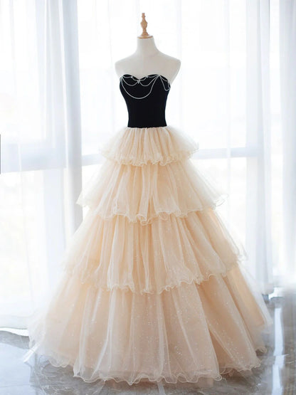 Robe de bal longue en tulle champagne/noir, robe de soirée formelle champagne ED0726