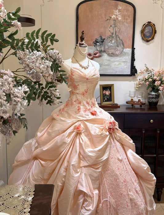 Cute Pink Long Prom Dress Satin Lace Sweetheart Birthday Dress Appliques A-Line Sweet 16 Dress ED07260