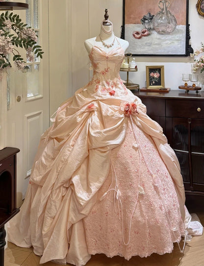 Robe de bal longue rose mignonne en satin et dentelle, décolleté cœur, appliques, coupe trapèze, robe Sweet 16 ED07260