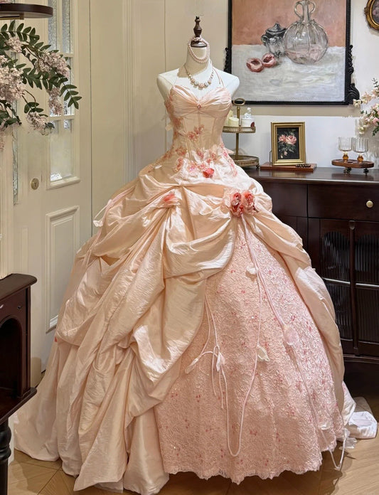 Cute Pink Long Prom Dress Satin Lace Sweetheart Birthday Dress Appliques A-Line Sweet 16 Dress ED07260