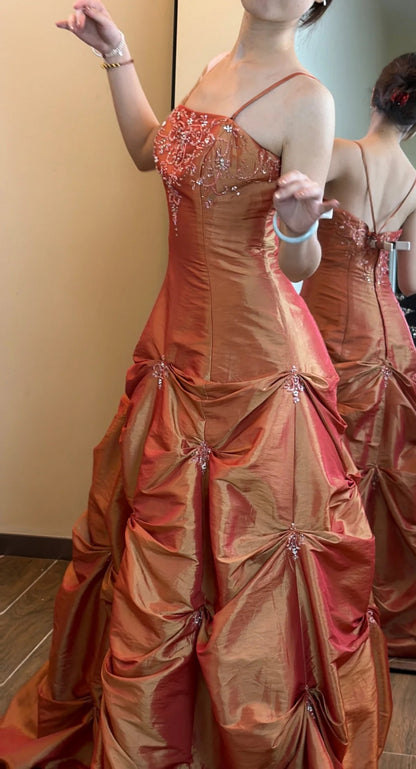 Robe de bal longue et mignonne en satin à fines bretelles, robe d'anniversaire, robe de soirée trapèze ED07261