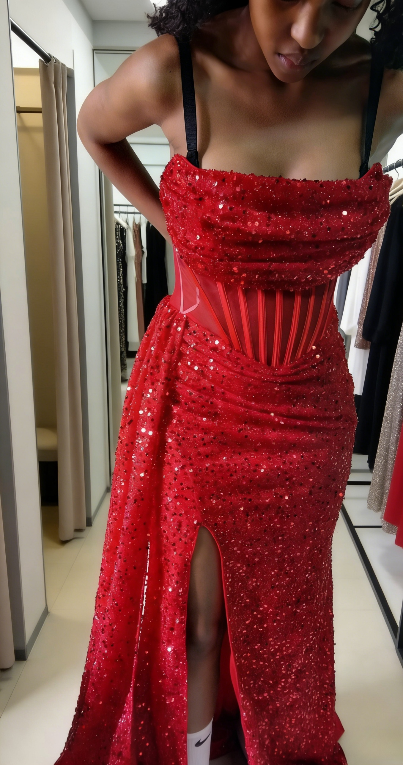 Sexy Red Prom Dress Sequins Strapless Sheath Evening Dress With Slit ED07262