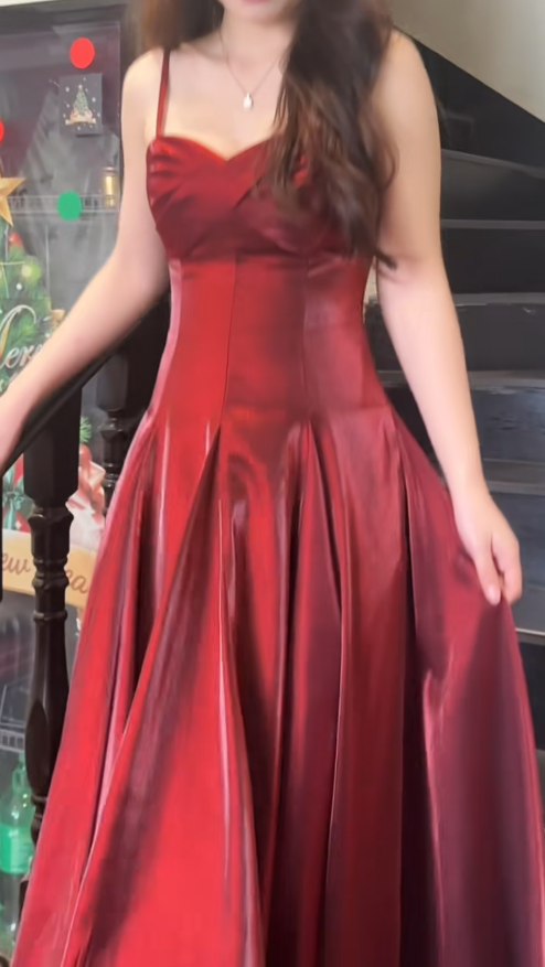 Fashion Long Burgundy Prom Dress Satin Spaghetti Straps A-Line Evening Dress ED07268