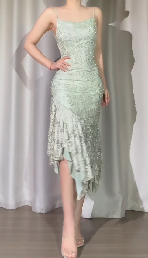 Fashion Long Green Prom Dress Beaded Chiffon Spaghetti Straps Sheath Evening Dress ED07269